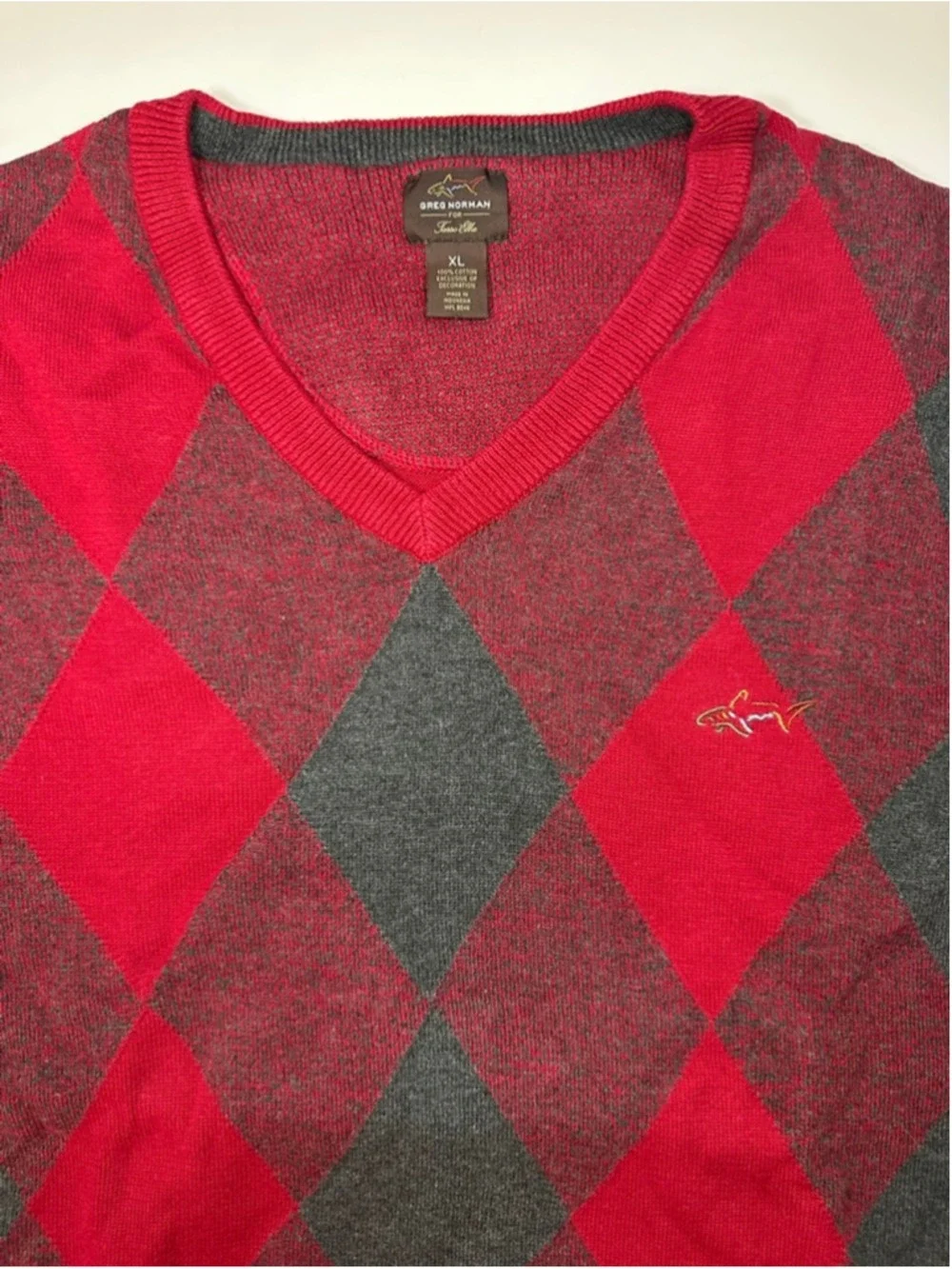 Greg Norman For Tasso Elba Argyle Sweater XL Red Gray V Neck Cotton Golf